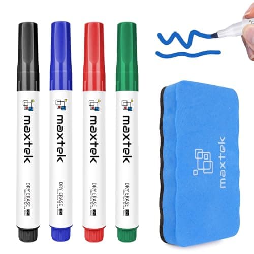 Image of maxtek Whiteboard Pens Markers with Magnetic Eraser, 4 Colours White board Markers Erasable, Bullet Tip 2-3mm Lines, Low Odour Dry Wipe pens for School Office Home (Pack of 4)