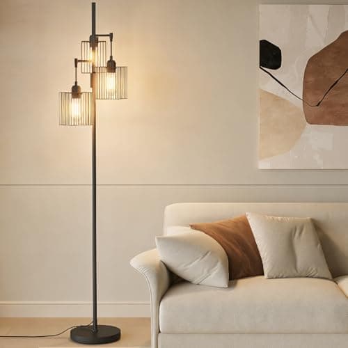 Image of PULUOMIS Floor Lamp, Industrial Floor Lamps for Living Room, Standing Lamps with Wire Cage Lampshade, Standard Tall Lamp with 3 Light for Bedroom, Bulb Not Included, Black
