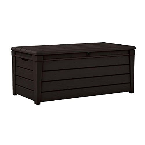 Image of Keter Brightwood 454L Outdoor 60% recycled Garden Furniture Storage Box Brown Wood Panel Effect Fade Free All Weather Resistant Safe and Secure Zero Maintenance 2 year Warranty