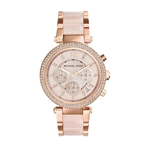 Image of Michael Kors Parker Chronograph Quartz Watch with Rose Gold Tone Stainless Steel Strap with Blush Acetate Center Links for Women MK5896