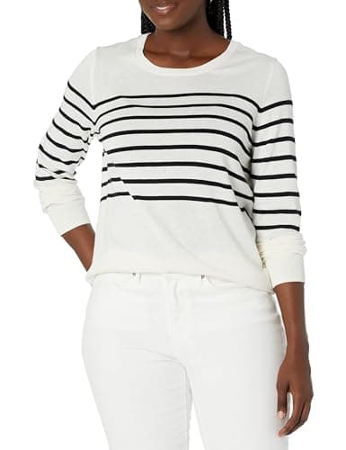 Image of Amazon Essentials Women's Long-Sleeve Lightweight Crewneck Jumper (Available in Plus Size), Black White Placed Stripe, M