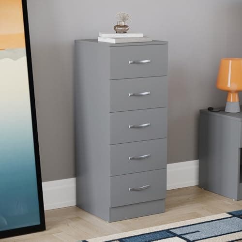 Image of Vida Designs 5 Drawer Narrow Chest Tall Bedroom Storage Unit Sliding Drawers Bedroom Furniture (Grey)