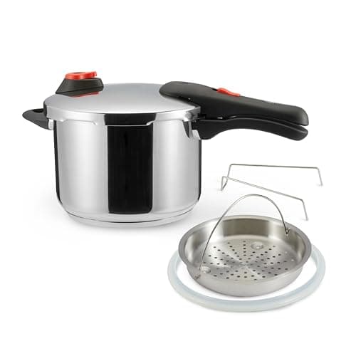 Image of Amazon Basics Stainless Steel Pressure Cooker with Steamer, 6 litres, Silver