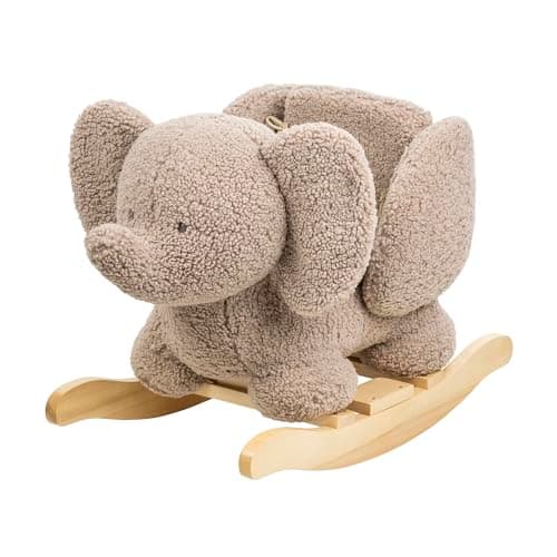 Image of Nattou Wooden Rocker, Fully Padded Seat, Side Supports, Safety Belt, Handles For Small Hands, PETA-Approved Vegan, Soap-Water Cleaning, Super Soft Teddy Fabric Material, 10-36 Months, Taupe Elephant