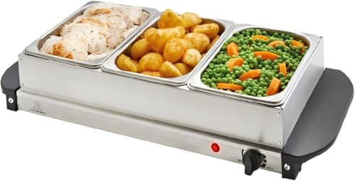 Image of Vintage Gourmet® 3 Tray Food Warmer, All in One Buffet Server with Warming Plate Function,Turkey & Vegetables, Keeps Food Warm,Variable Temperature Control, Cool-Touch Handles 7.5 Litre 300W 64cm Wide