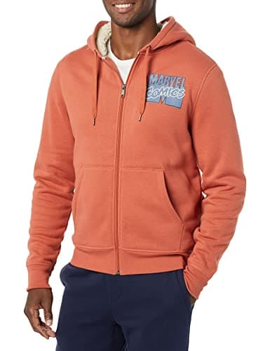 Image of Amazon Essentials Disney | Marvel | Star Wars Men's Sherpa-Lined Full-Zip Hoodie Sweatshirts, Marvel Comic Logo, XXL