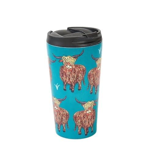 Image of ECO CHIC Reusable Thermal Coffee Cup Stainless Steel Leakproof Insulated 330ml Travel Mug (Highland Cow Teal)