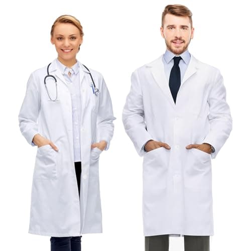 Image of AIUNBEST Cotton Lab Coat, Medical Laboratory Coat Women and Men Doctor Costume White Lab Coat Scientist Uniform Warehouse Coat Laboratory Work Wear 3 Pockets Perfect for Science Projects (L)