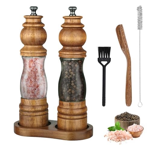 Image of Foyucool Wooden Salt and Pepper Grinder Set with Wooden Tray and Spoon, 8 Inch Manual Salt and Pepper Mill, Adjustable Coarseness, Refillable with Ceramic Core for Spices, Clear Acrylic Chamber