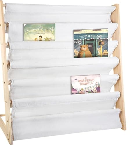 Image of CROWNSHOP Children's Bookshelf 4 Tier Childrens Bookcase Wooden Kids Sling Storage Book Shelf Shelf with Soft Canvas for Kids Room and Nursery Wood 61 * 60 * 26.5CM