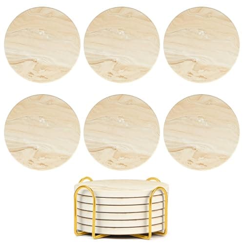 Image of Coasters Set of 6, Ceramic Round Drink Coasters with Holder Absorbent Marble Drink Coaster Set with Non-slip Cork Base & Ceramic Stone Cup Pad for Cups Mug Wine Glass Home Kitchen & Bar