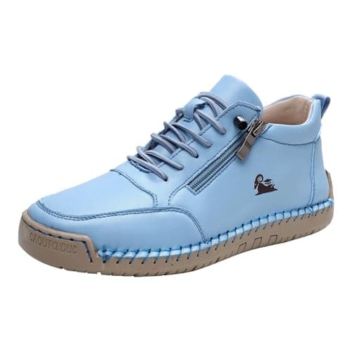 Image of UK 6.5 Women's Wide Fit Flat Ankle Boots Leather Alpaca Barefoot Shoes Lace up High Top Trainers with Double Side Zips Sky Blue Footwear