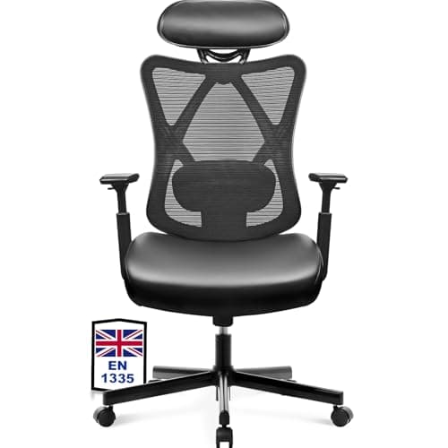 Image of BASETBL Ergonomic Office Chair with Adjustable Lumbar Support, High Back Desk Gaming Chair with Thick PU Leather Foam Cushion, 3-Position Tilt Lock & Height-Adjustable Armrests, TUV & EN1335, Black