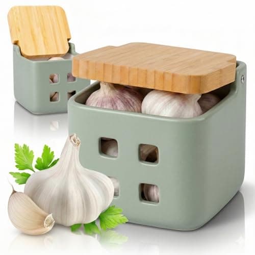 Image of KOOK TIME Ceramic Garlic Keeper with Bamboo Swivel Lid | Garlic Storage Pot with Ventilation Holes for Freshness | Matt Sage and Natural Bamboo, 11.5 x 11.5 x 11.5 cm