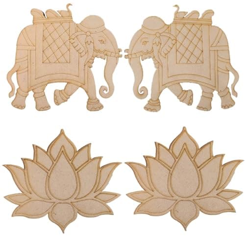 Image of Aumni Crafts Pre-Marked Laser Cut MDF Cutouts 6x5.5 Inch (1 x Elephant Set + 2 x Lotus) 3mm Thick Wood Shapes Bases for DIY Painting Decoration Arts Wall Hanging Gifts