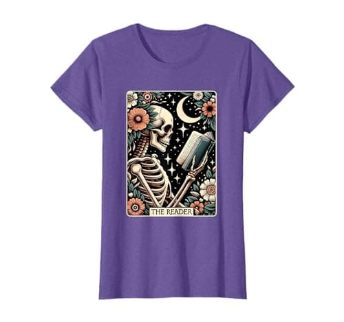 Image of The Reader Tarot Card Skeleton Reading Book Bookworm Bookish T-Shirt