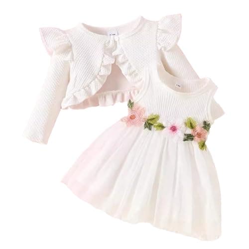 Image of JiAmy Baby Girls Dress and Cardigan 2PCS Fall Outfits Sleeveless Floral Dresses Ruffle Sleeve Waffle Coat Clothes Set for Toddler Girl 18-24 Months White