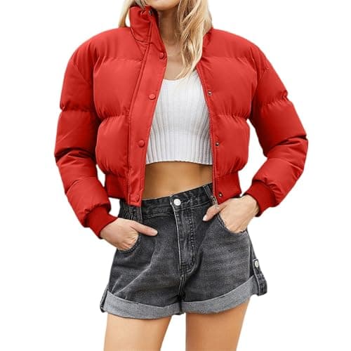 Image of Duohropke Short Winter Jacket Women's Cropped Down Jacket Warm Puffer Jacket Crop Transition Jacket with Zip Stand-Up Collar Winter Coat Lined Thick Winter Parka Softshell Jacket, red, XL