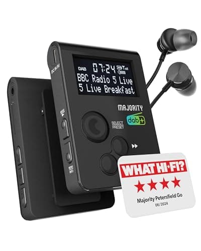 Image of Pocket Portable DAB Radio | Personal FM Radio with Sports Clip and Lockable Buttons | Rechargeable 12 Hour Battery & Internal Aerial | USB Charging & Earphones Included | MAJORITY Petersfield Go