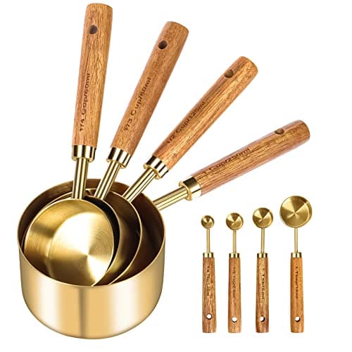 Image of Cuteefun Measuring Cups and Spoons Set of 8, Wooden Handle, with Metric and US Measurements, Premium Stainless Steel, Gold Polished Finish, Dry & Liquid Measuring Cup, for Cooking and Baking