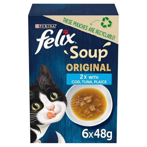 Image of FELIX Soup Fish Selection Plaice, Tuna and Cod Wet Cat Food 6x48g (Pack of 8)