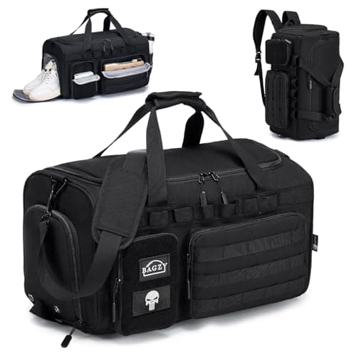 Image of BAGZY Tactical Gym Sports Bag for Men 40L, Travel Duffle Bag with Shoes Compartment and Wet Compartment Oxford Weekend Travel Bag Overnight Bag with Adjustable Shoulder Strap Khaki