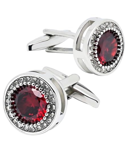 Image of Jonwo Red Crystal Gemstone Cufflinks for Men Lady In Gift Case Silver Round Men's Cufflinks Jewelry Set for Wedding Anniversary Business Party Events Tuxedo Dress Shirt