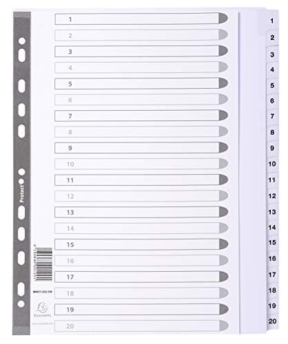 Image of Exacompta - Ref MWD1-20Z-EW - Mylar Printed Indices - For Use With A4+ Documents, Pre-Punched, 160gsm White Card with Reinforced Plastic Tabs, FSC-Certified - 20-Part Dividers (1-20)