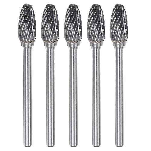 Image of sourcing map 5pcs Carbide Rotary Burrs 1/8" (3mm) Shank 1/4" (6mm) Head Double Cut Flame H Shape Die Grinder Bits Rasp Files for Metal Wood Plastic Polishing Engraving