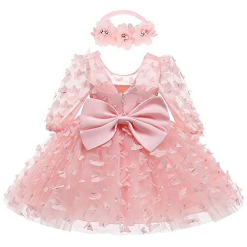 Image of Baby Flower Girl Dress Toddler Wedding Birthday Party Cake Smash Baptism Christening Holiay Valentine's Day Bowknot Mesh Tulle Sheer Long Sleeve Dresses Pink 12 Months