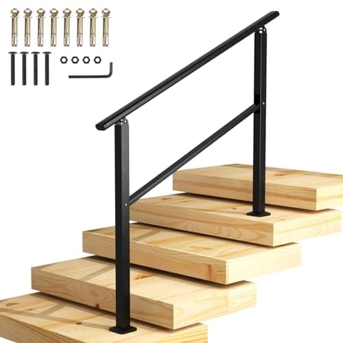Image of Homtone Stair Handrail 120x90cm, Wrought Iron Railing for Outdoor Steps, Fit 3 to 4 Steps, Indoor Transition Rails with Installation Kit Stainless Steel Screw, for Elderly, Garden, Porch, Slope, Black