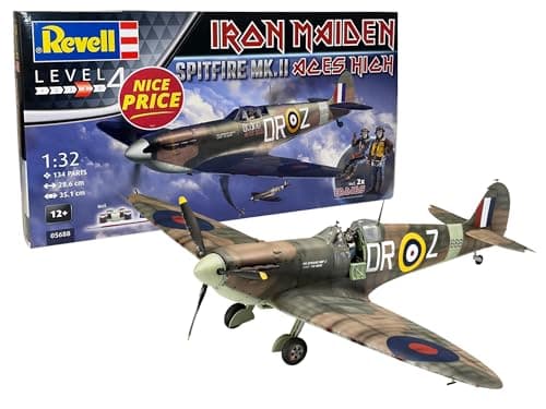 Image of Revell Gift Set 05688 Spitfire Mk.II Aces High Iron Maiden & Eddie Figures 1:32 Scale Unbuilt Plastic Model Kits with Contacta Professional Glue, Paintbrush & Selected Aqua Color Paints