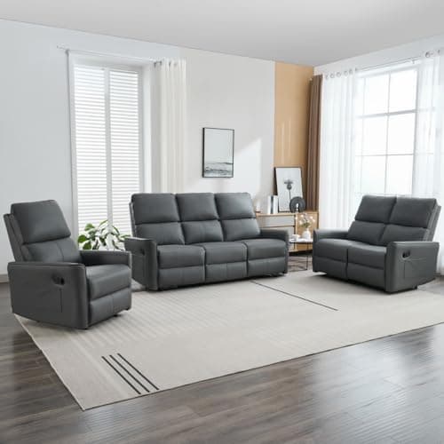 Image of More4Homes MADRID 1+2+3 SEATER MANUAL RECLINER AIR LEATHER SOFA SET (Grey)