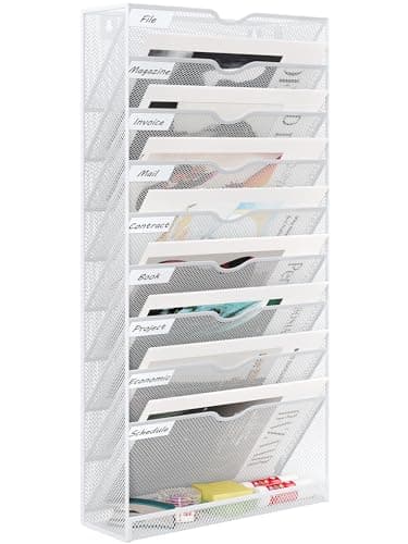 Image of EasyPAG Metal 10 Tier A4 Wall Mounted Document Holder,Hanging Wall File Organiser,Pigeon Holes Storage,In Tray,Magazine Rack for Office & Home,White