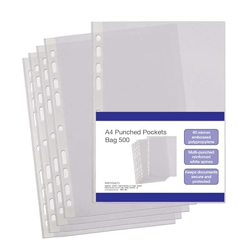 Image of SUMMIT A4 Punched Pockets, 500 Clear Plastic Sleeves, Reinforced Multi-Punched Spine, 40 Microns for Durable Filing