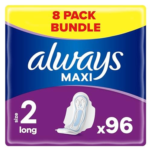 Image of Always Maxi Sanitary Towels with Wings, Size 2, Long, 96 Towels (12 x 8 Packs), Anti-leakage Barriers, Protection & Comfort