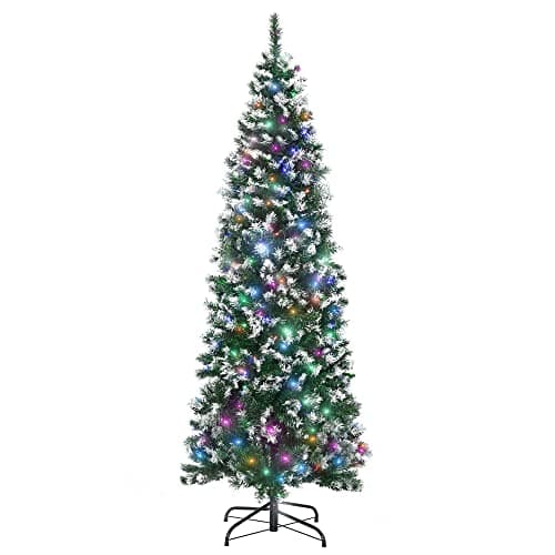 Image of HOMCOM 6FT Tall Prelit Pencil Slim Artificial Christmas Tree with Realistic Branches, 300 Colourful LED Lights and 618 Tips, Xmas Decoration, Green