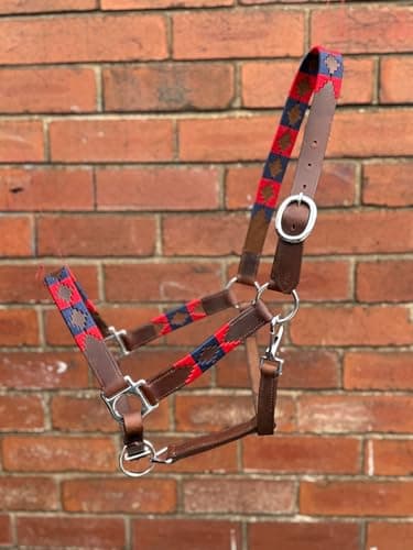 Image of Leather Polo Headcollar, Handmade Embroidered Pattern, Brown with Adjustable Straps, Oil Pull-up Leather (Navy/Red, Cob)