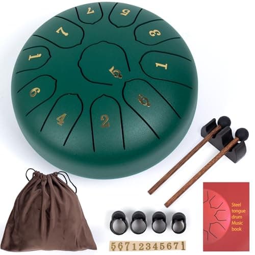 Image of Amkoskr Rain Drum for Outside, 6 Inches 11 Notes Steel Tongue Drum C Major Steel-Drum Instrument for Yoga, Meditation, Music Education, Gift, Green