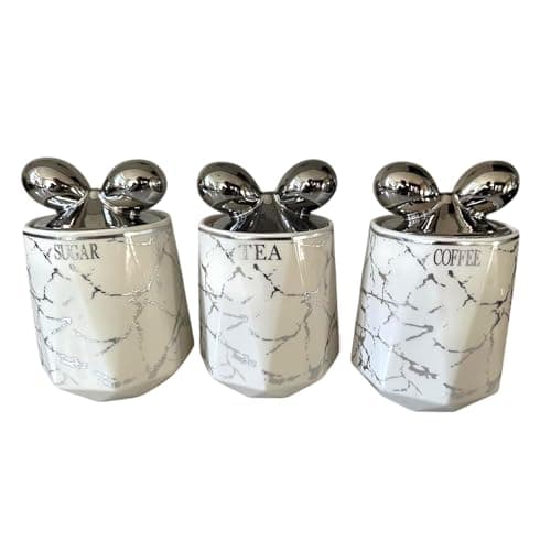 Image of JAYOGLA Ceramic Storage Jars, 3-Piece Tea Coffee Sugar Canister Set, Marble Design with Chrome Bow Lids (White)