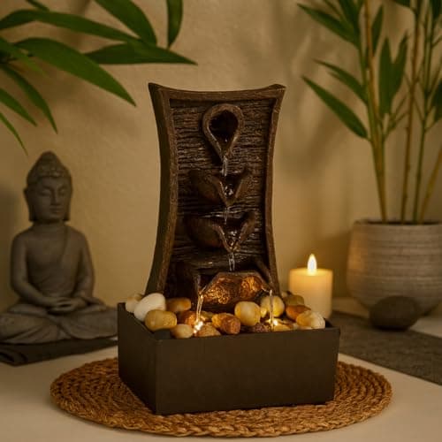 Image of GEEZY Indoor Water Fountain - Tiers Design Water Feature with LED Lights - Mains Powered & Self-Contained, Table Top, Relaxing & Tranquil - Perfect for Home, Living Room, Office Decor
