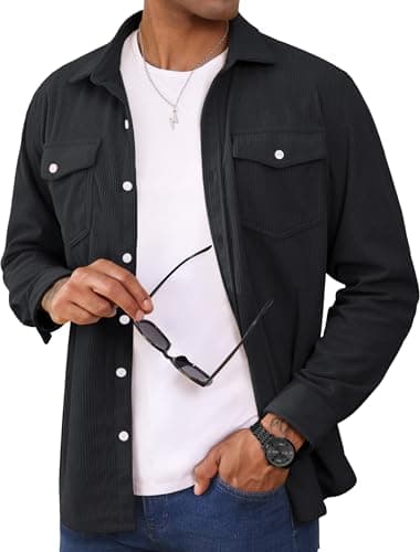 Image of MAGCOMSEN Men's Corduroy Shirt Casual Long Sleeve Shirt Lightweight Shirts Jackets Men Overshirts with Flap Pockets Black