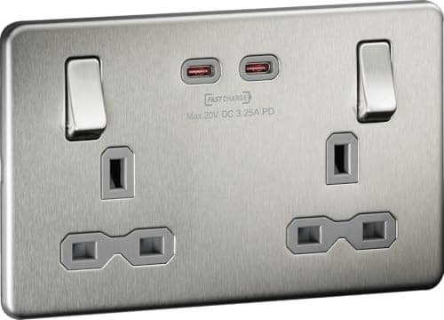 Image of Screwless Double Switched Socket with Dual USB-C [65W Fast Charge] – Brushed Chrome with Grey Insert