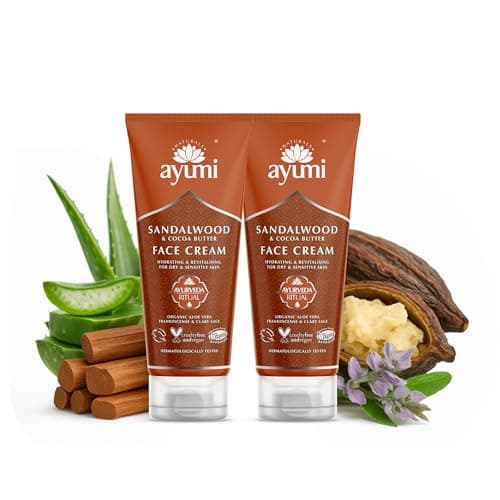 Image of Ayumi Sandalwood & Cocoa Butter Face Cream | Aloe vera Moisturiser for Dry Skin | Moisturising Cream to Soothe Irritation|Aromatherapy Cream with Ylang Ylang| Face Moisturiser for Men & Women| 2x100ml