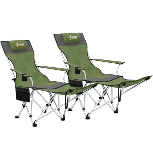Image of Outsunny Set of 2 Reclining Folding Camping Chair w/Detachable Footrest, Storage Bag, Cup Holder & Headrest, Lightweight Portable Camp Chair for Beach, Picnic, Olive Green and Grey