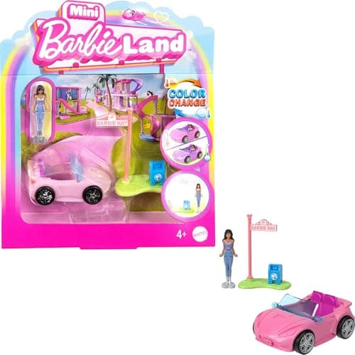 Image of Barbie Mini BarbieLand Doll & Toy Vehicle Set, 1.5-inch Barbie Doll & Convertible Car with Color-Change, Plus Street Sign Accessory, HYF42