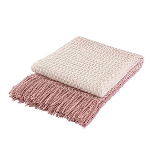 Image of Coastline Super Soft Decorative Ombre Pink Knit Throw Blanket for Sofa Couch Chair Bed, Lightweight Blanket throw, Cashmere-like Soft and Cozy, Delicate Weave Pattern with Fring,127x152cm