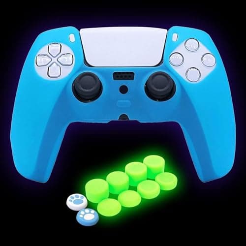 Image of HLRAO Blue PS5 Controller Skin Silicone Grip Glow in Dark Protective Case for PS5 Controller with 8 Glow in The Dark Thumb Grips Caps + 2 Cute Cat Paw Thumb Grips.