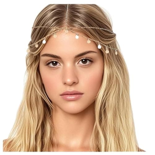 Image of Boho Head Chain Gold Headpiece Tassel Bohemian Headbands Tassel Forehead Chain Bridal Jewelry Dangle Headchain Hair Accessories Vintage Headband for Women Hair Bands Headwear