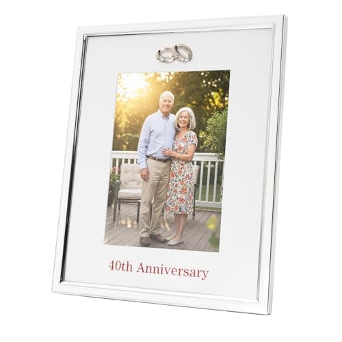 Image of Happy Homewares Modern 40th Anniversary Silver Plated 5x7 Picture Frame with Double Diamante Rings | For Wall or Table | Red Foil Lettering